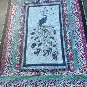 Beautiful Peacock panel quilt. Handmade. Machine quilted. 45”x60”.